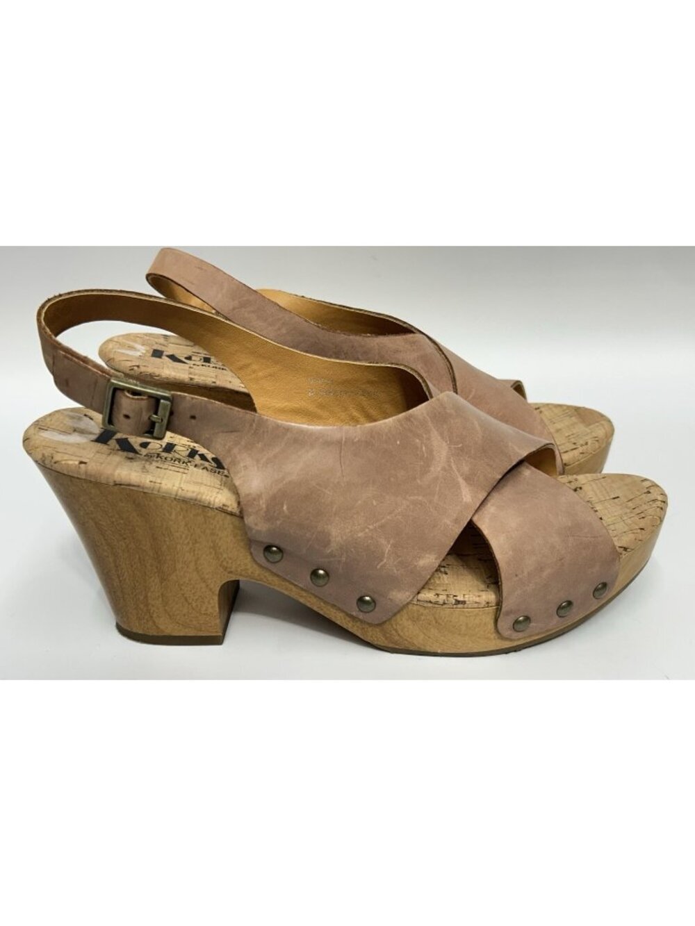 Korks KORK-EASE Platform Block Heel Leather Upper Wedge Sandal 9/40.5 Nude Tan